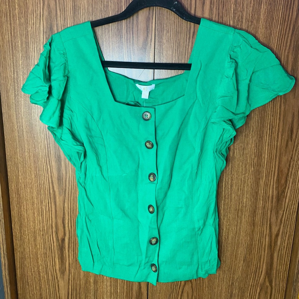 Button Down Blouse Womens Small Green Flutter Sleeve Square Neck